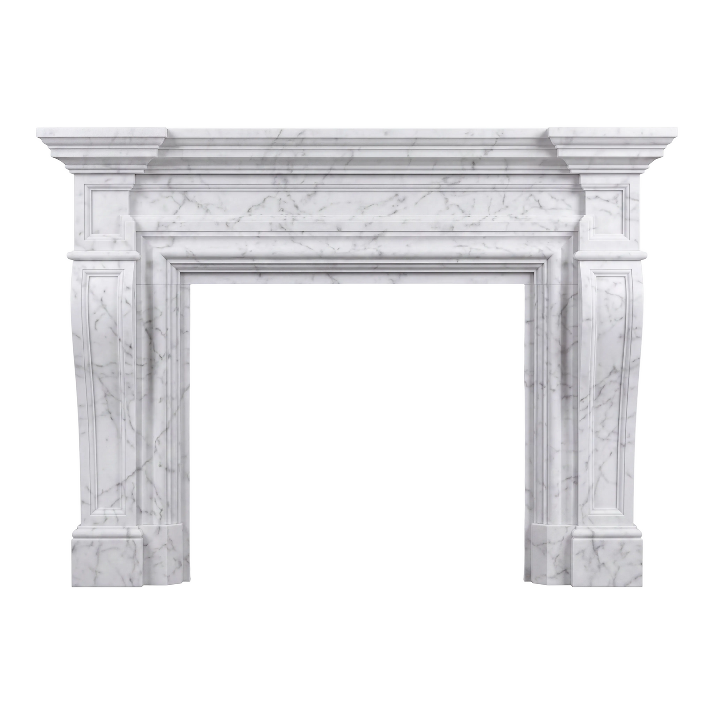 Custom Carrara White marble fireplace mantel and surround with soft gray veining, classical columns, layered molding, and refined Neoclassical architectural details.