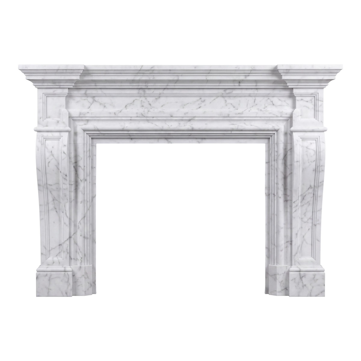 Custom Carrara White marble fireplace mantel and surround with soft gray veining, classical columns, layered molding, and refined Neoclassical architectural details.