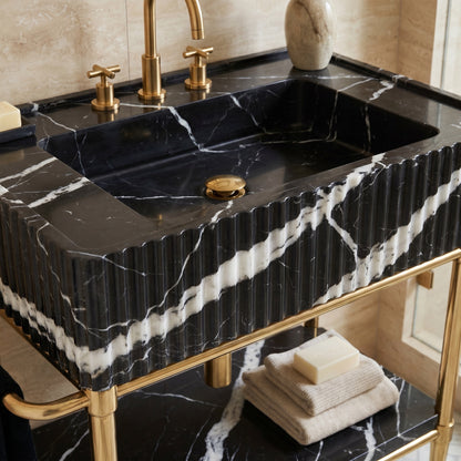 Valmont – Custom Nero Marquina Marble Sink Vanity with Solid Brass Console Legs