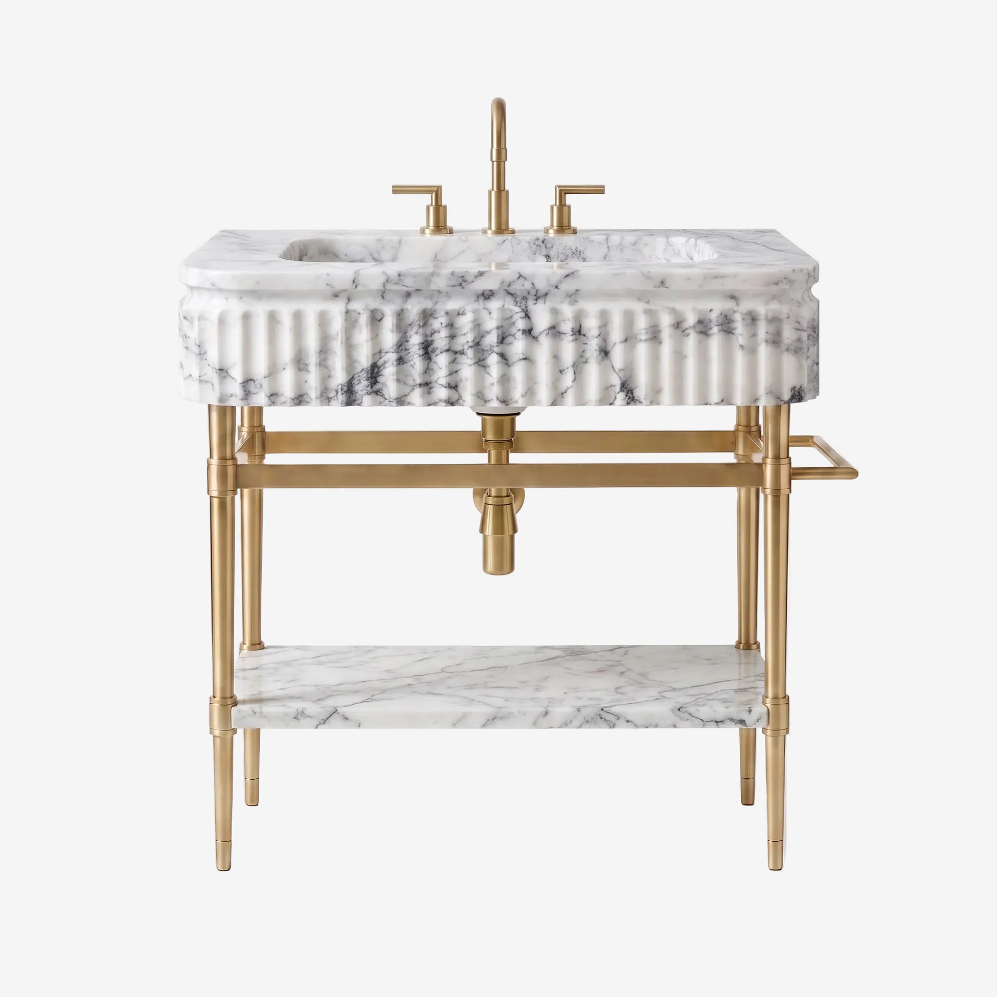 A freestanding bathroom vanity with a white marble sink top and lower shelf, featuring gray veining and a fluted front, supported by a polished gold-tone metal frame with a matching faucet and handles.