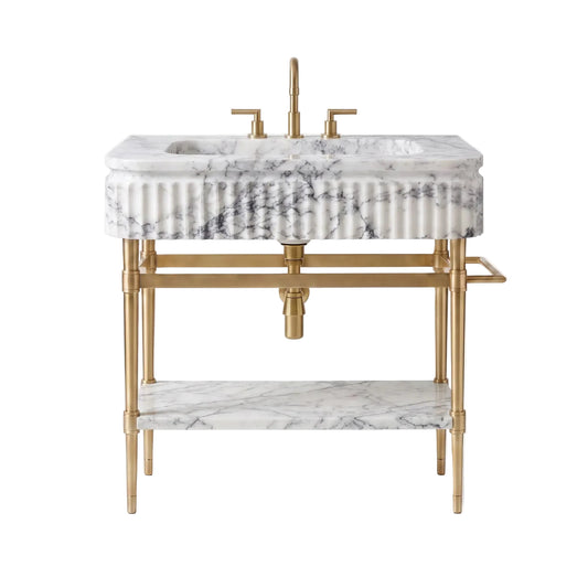 Legacy 30 inch Lilac marble bathroom vanity with fluted sink, solid brass console legs and matching marble shelf