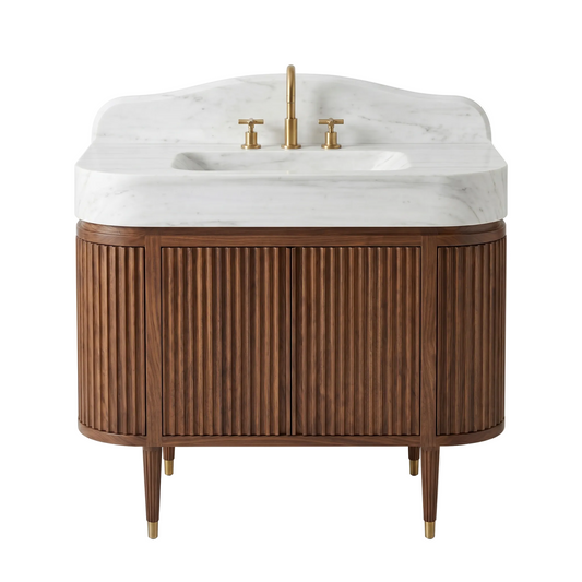 Lonsdale custom Carrara White marble bathroom vanity with curved backsplash and handcrafted fluted walnut cabinet