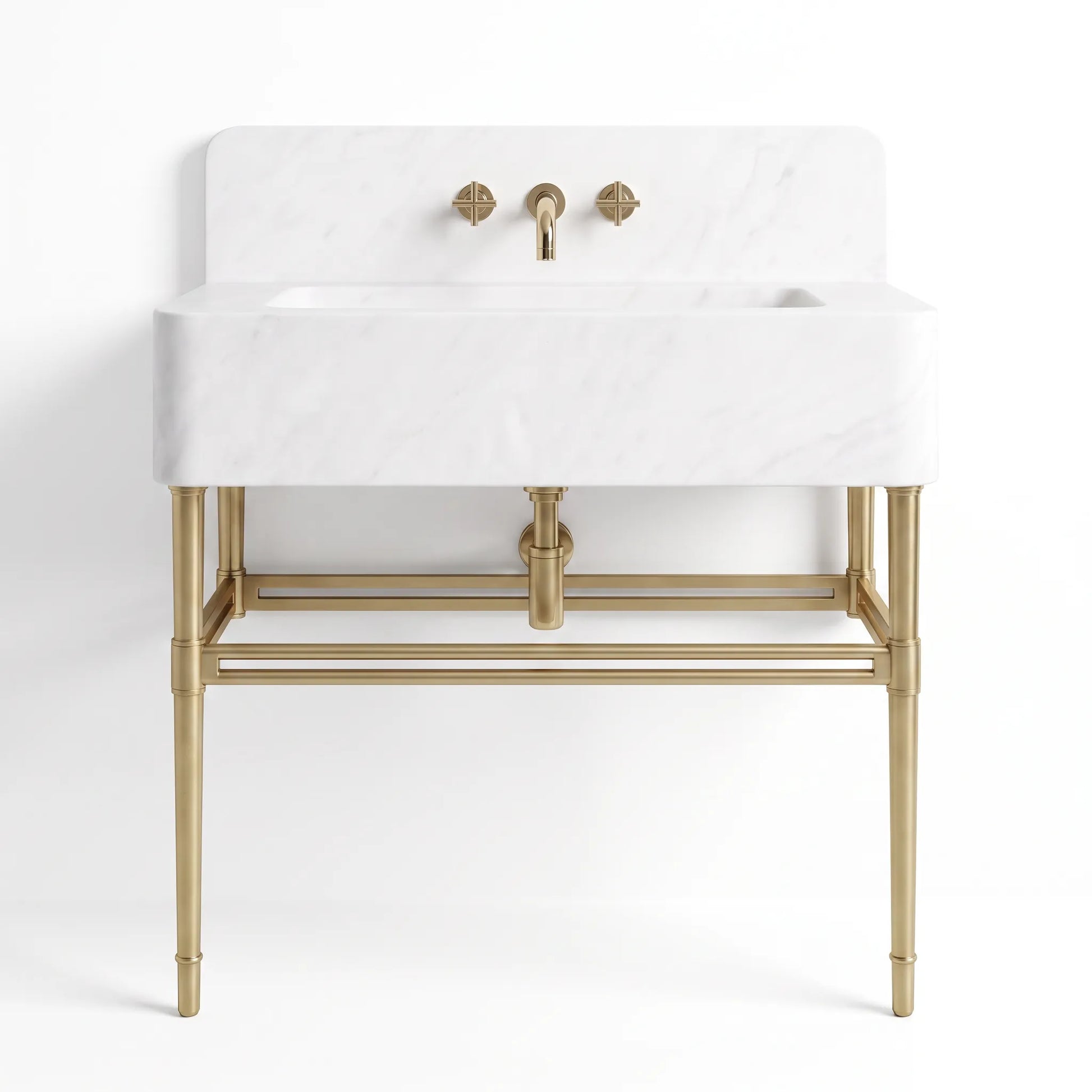 A modern farmhouse-style bathroom vanity featuring a white marble sink basin and backplate with a matte gold metal frame, legs, and faucet hardware, shown against a plain white background.