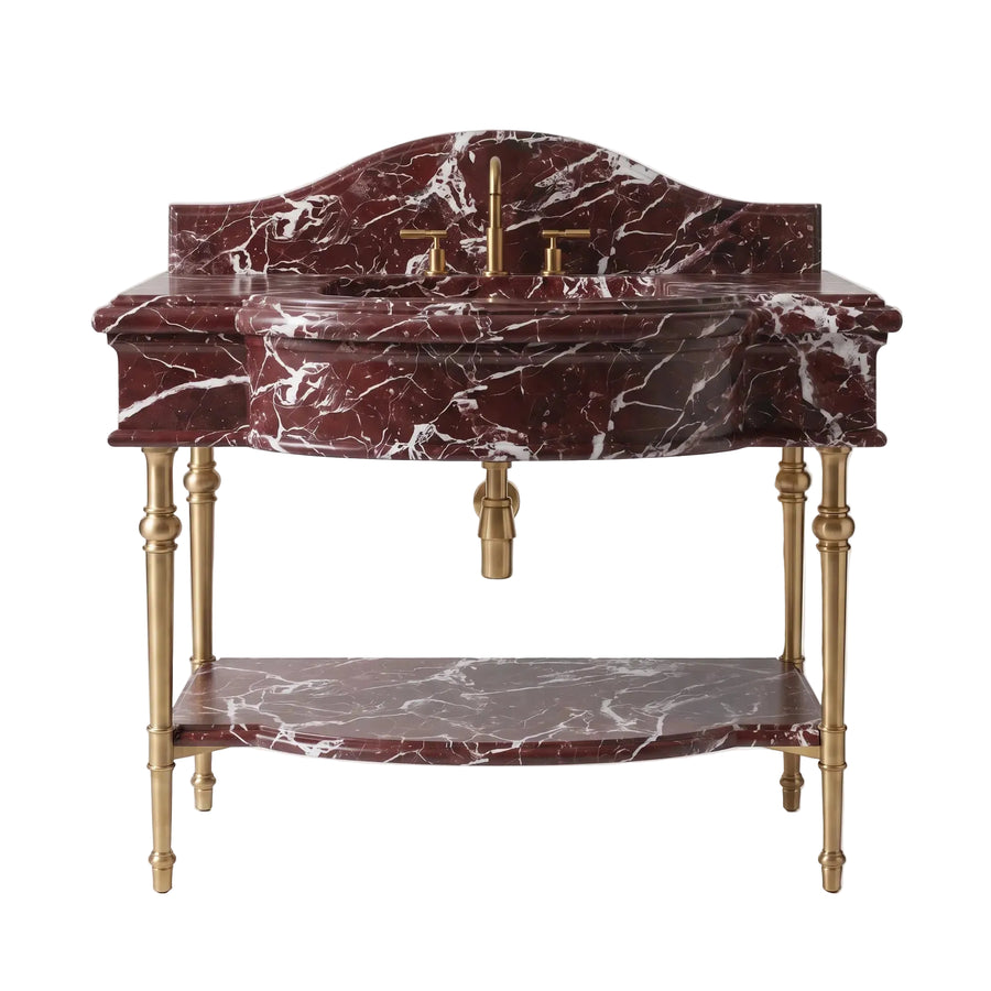 Lucca – Custom Rosso Levanto Marble Sink Vanity with Solid Brass Console Legs