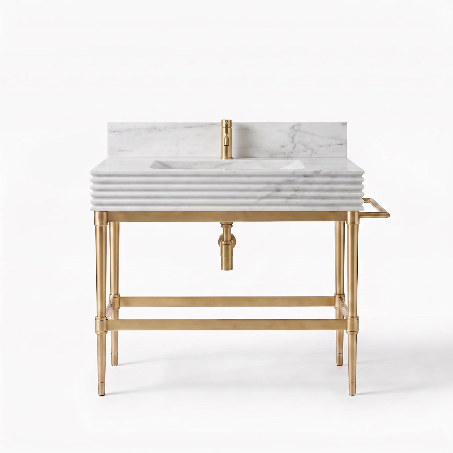A modern bathroom vanity featuring a white marble sink top with a ribbed edge, a gold faucet, and a gold metal frame with legs and a side rail, set against a plain white background.