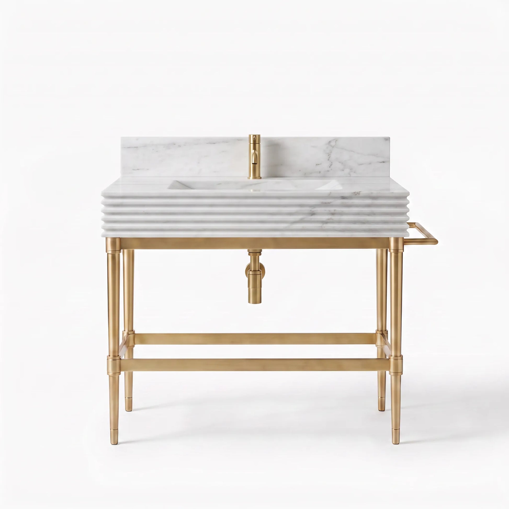 A modern bathroom vanity featuring a white marble sink top with a ribbed edge, a gold faucet, and a gold metal frame with legs and a side rail, set against a plain white background.