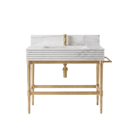 Lucerna 30 inch Carrara White marble bathroom vanity with ribbed sink and solid brass console legs