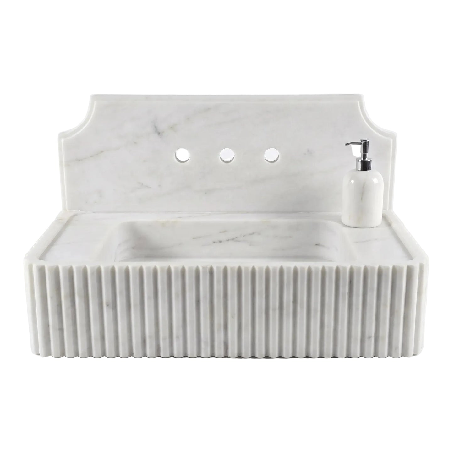 Lumera - Custom Wall-Mounted Fluted Carrara White Marble Bathroom Sink with Backsplash