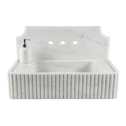 Lumera 30 inch Carrara White fluted wall mounted marble bathroom sink with matching backsplash