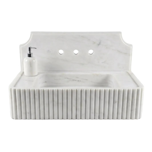 Lumera 30 inch Carrara White fluted wall mounted marble bathroom sink with matching backsplash