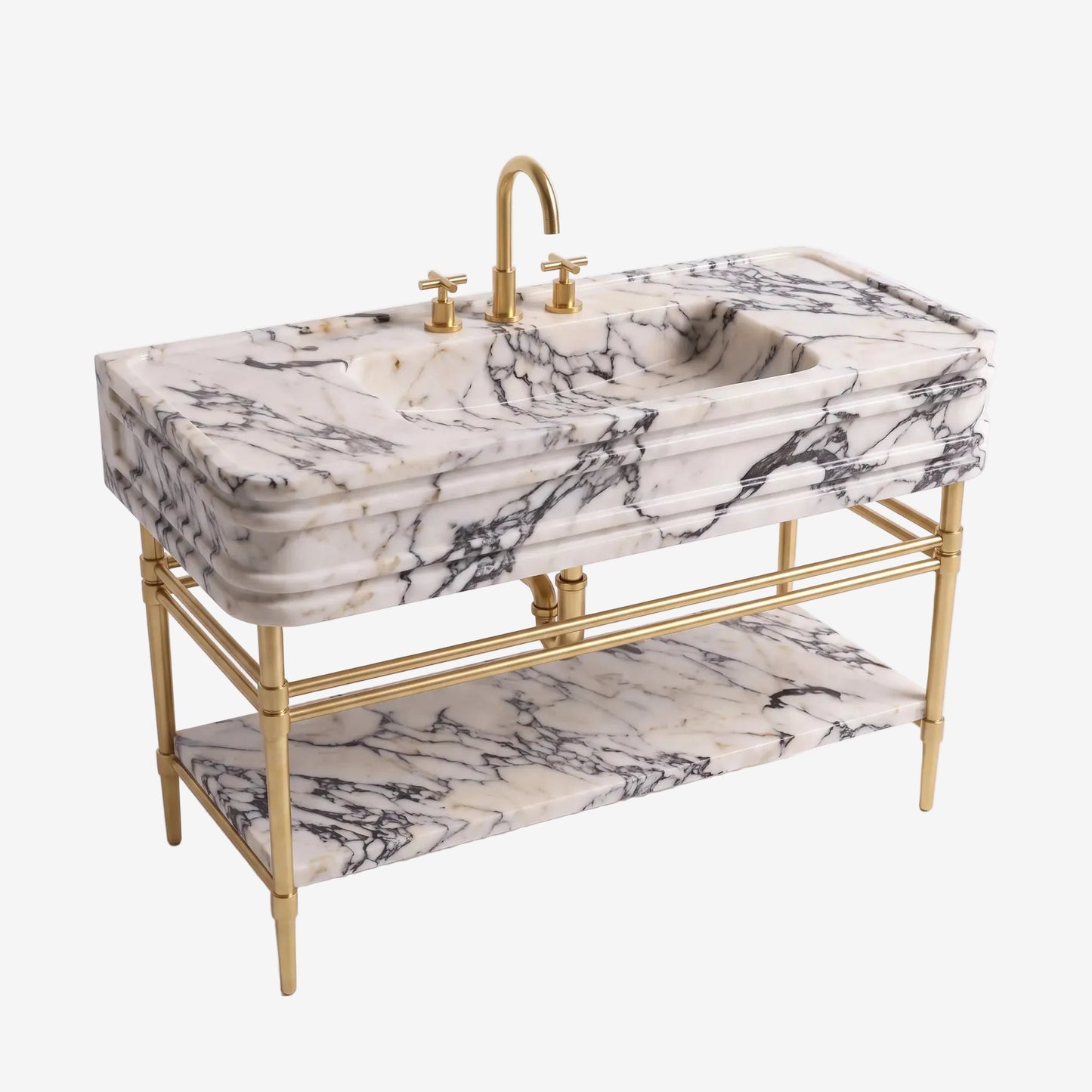 A luxury bathroom vanity featuring a white marble sink top with dramatic black veining, supported by a polished gold-finished metal frame with an open lower shelf and a matching curved faucet.