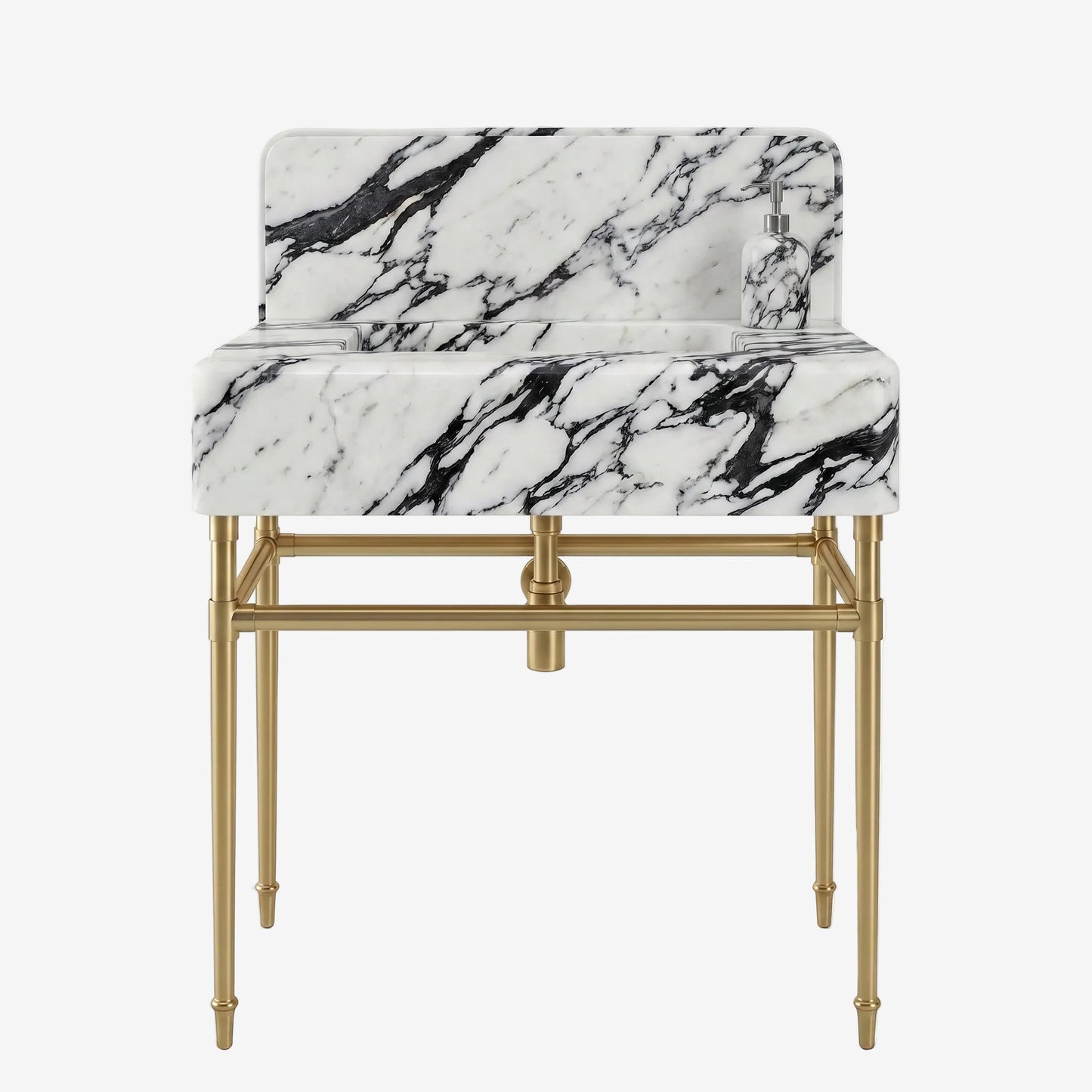 A modern vanity sink with a white marble basin featuring dramatic black veining, supported by a sleek gold-finished metal frame with a matching gold faucet.