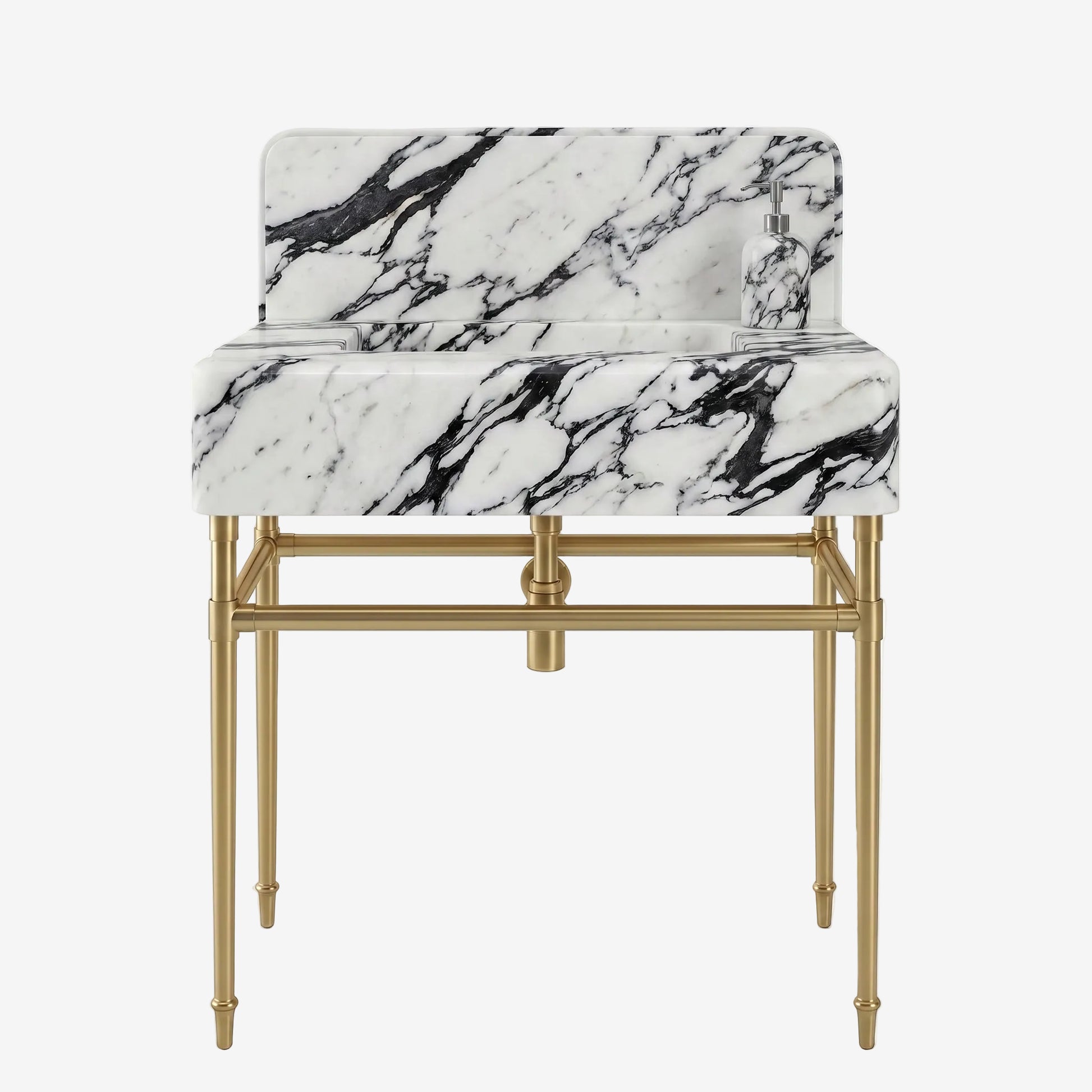 A modern vanity sink with a white marble basin featuring dramatic black veining, supported by a sleek gold-finished metal frame with a matching gold faucet.