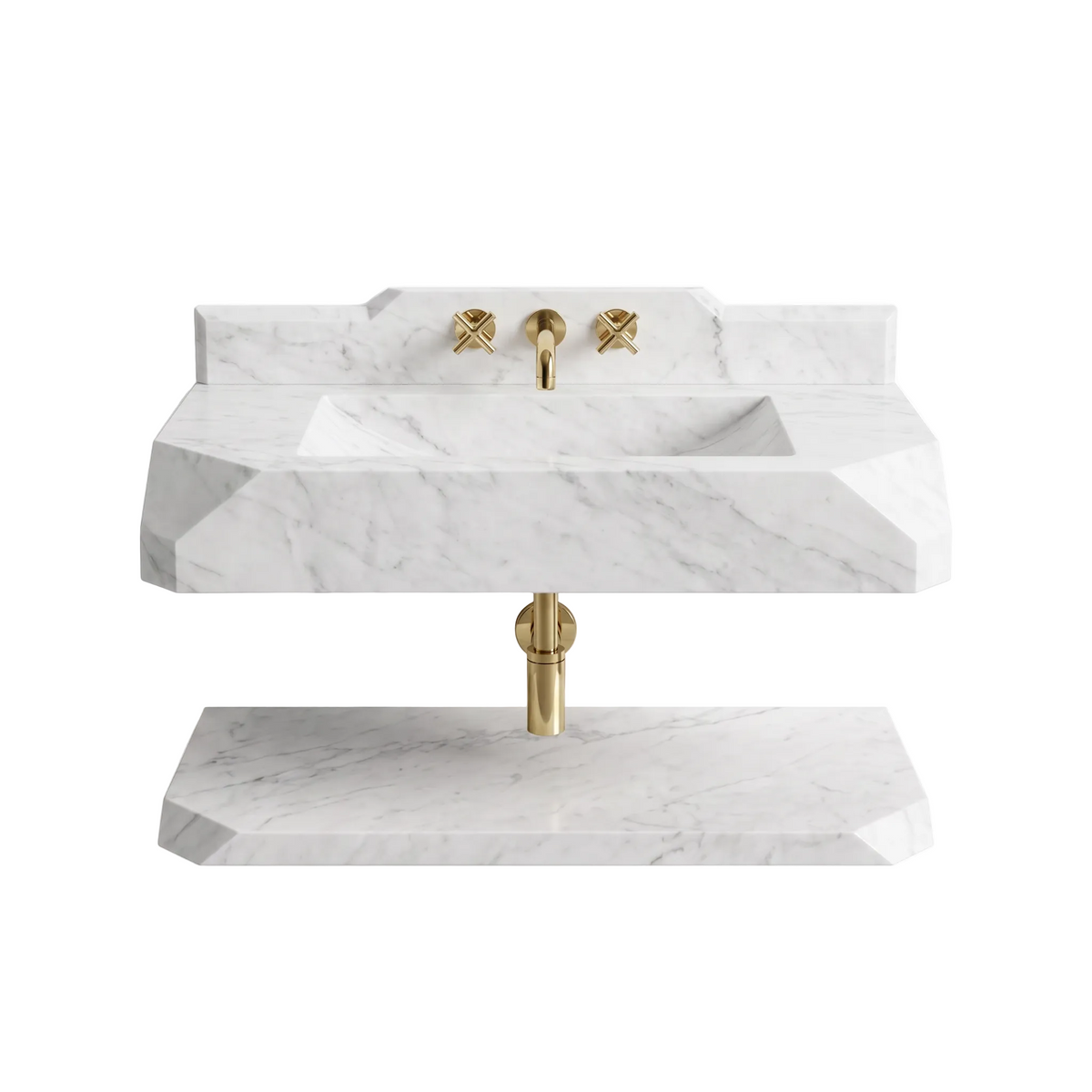 Madrid 30 inch Carrara White wall mounted marble bathroom sink with backsplash and floating marble shelf