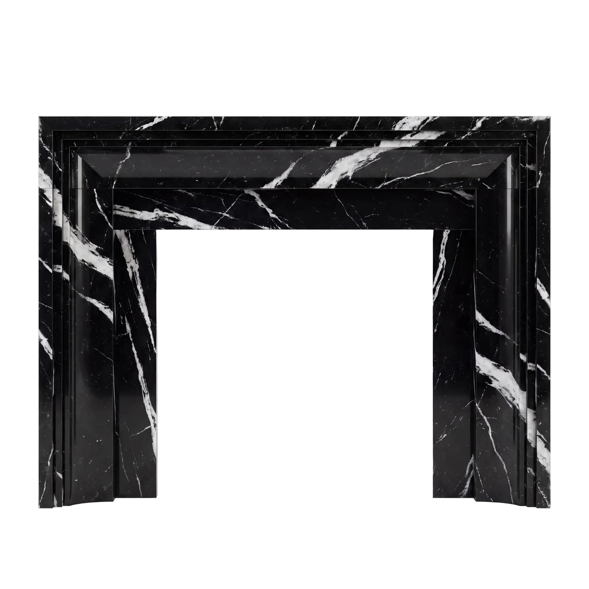 Custom Nero Marquina black marble fireplace mantel with white veining and Art Deco-inspired geometric architectural details.