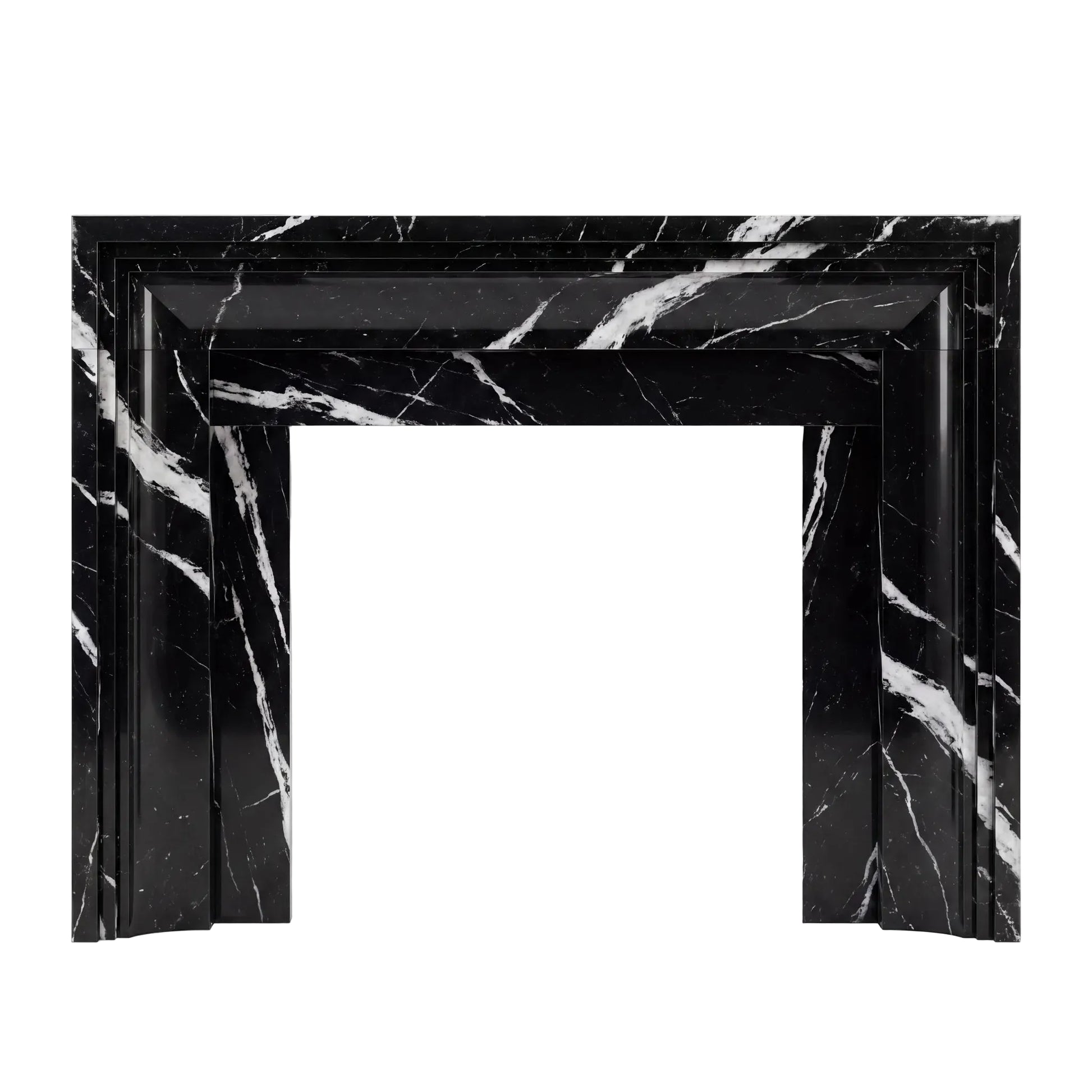 Custom Nero Marquina black marble fireplace mantel with white veining and Art Deco-inspired geometric architectural details.
