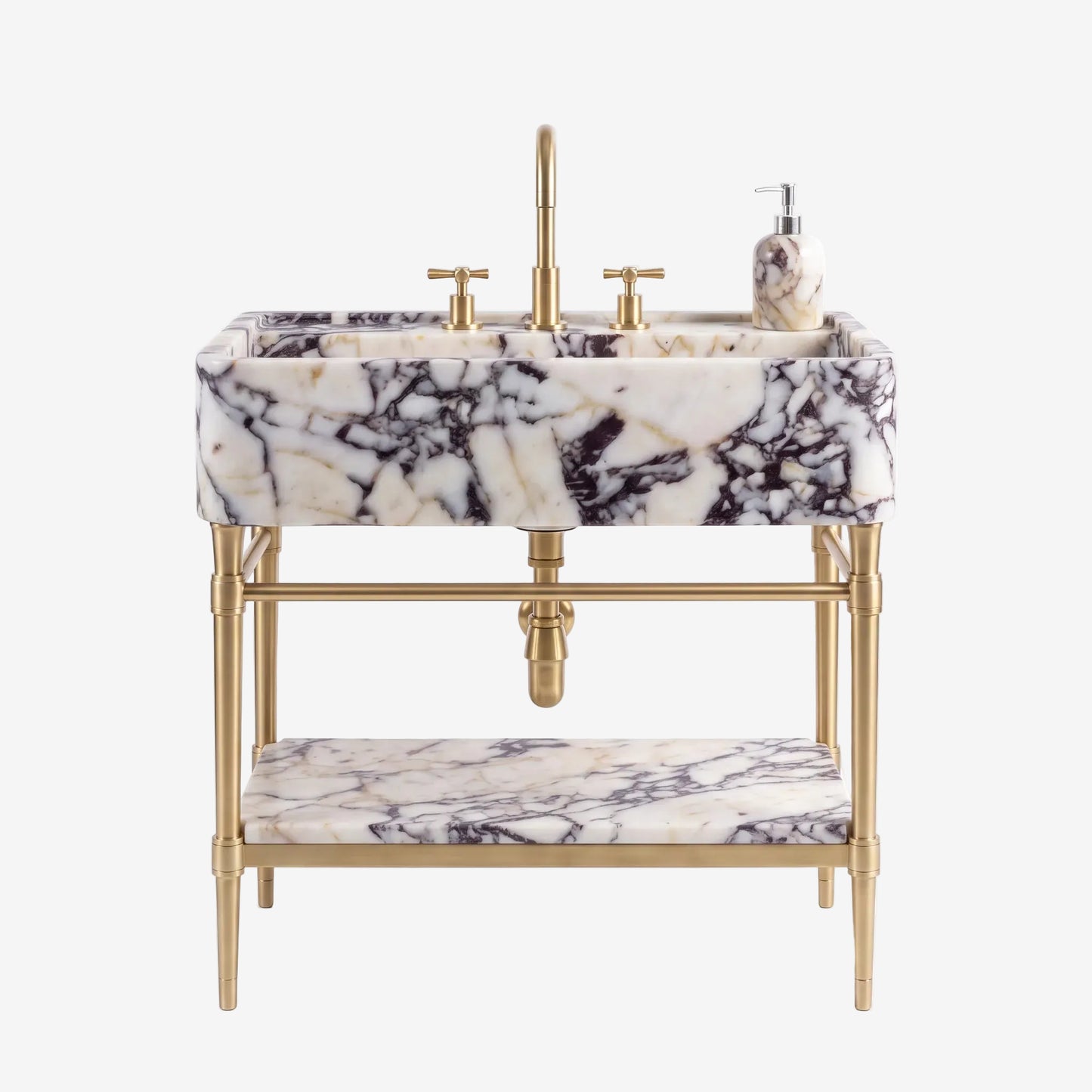 A freestanding bathroom vanity with a rectangular white marble sink basin featuring dramatic black and gray veining, supported by a polished gold brass frame with an open lower shelf and a matching marble shelf insert. A tall gold faucet, two cross-handle faucets, and a soap dispenser are included.