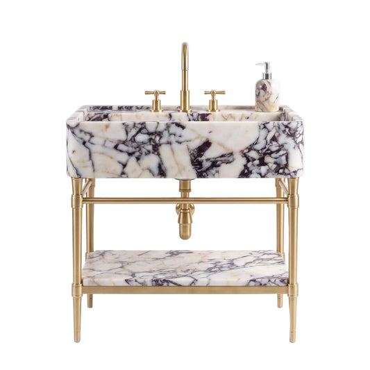 Marbella 30 inch Calacatta Viola marble bathroom vanity with sink, solid brass console legs and matching marble shelf