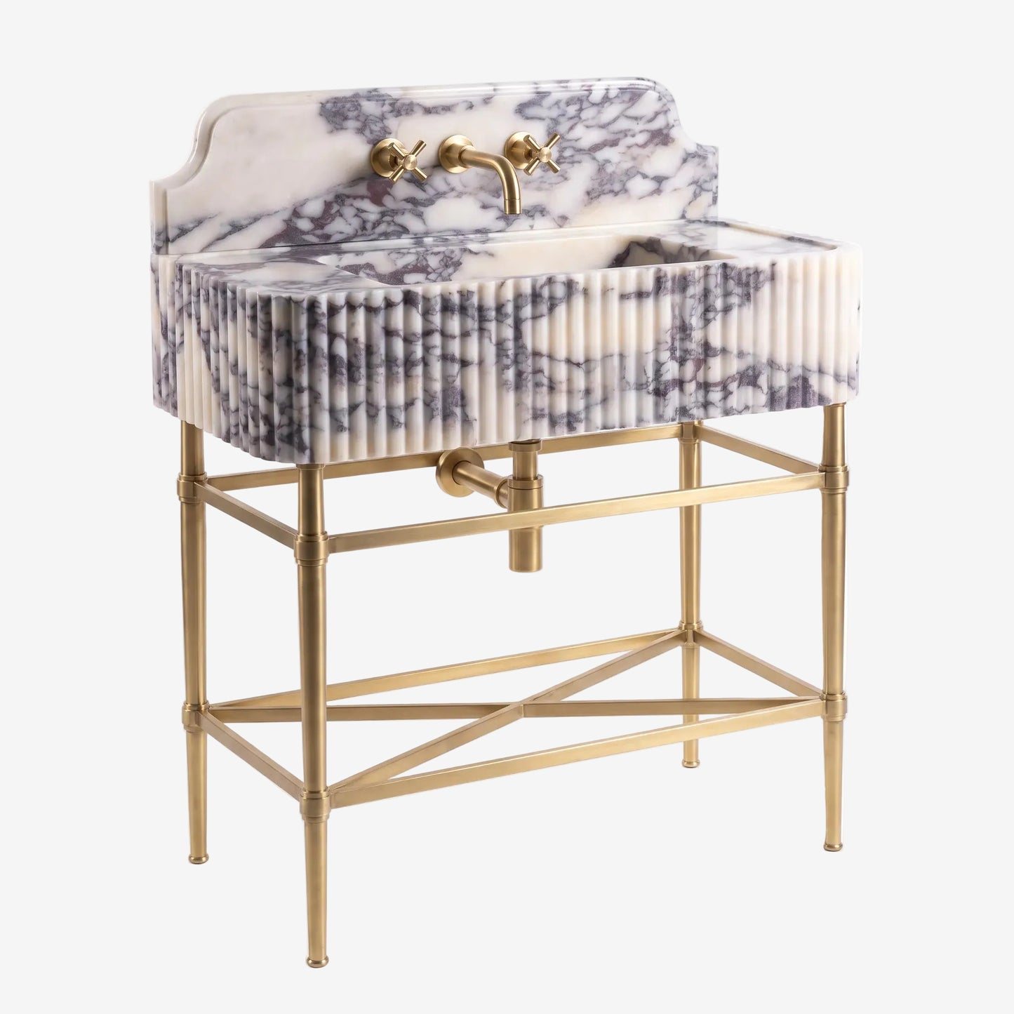 A freestanding bathroom vanity sink with a white and gray marble basin and matching marble back panel, supported by a gold brass metal stand with crossbars and legs. The sink has a curved apron front, a curved back, and two gold faucet handles with cross handles, shown on a white background.
