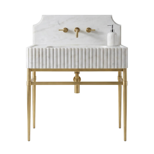 Matera 30 inch Carrara White marble bathroom vanity with fluted sink, backsplash and solid brass console legs