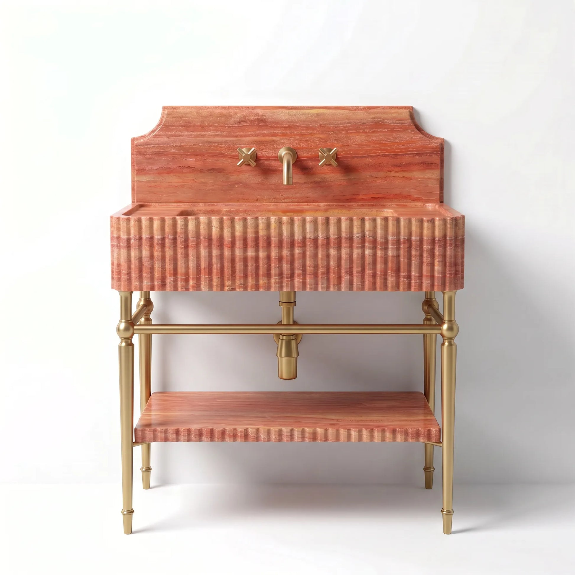 A freestanding bathroom vanity with a reddish-orange ribbed stone or wood-look front, gold-tone metal legs and faucet hardware, and a matching lower shelf, shown against a plain light background.