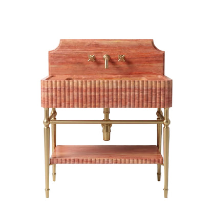 Memo 30 inch Red Travertine marble bathroom vanity with fluted sink, solid brass console legs and matching marble shelf