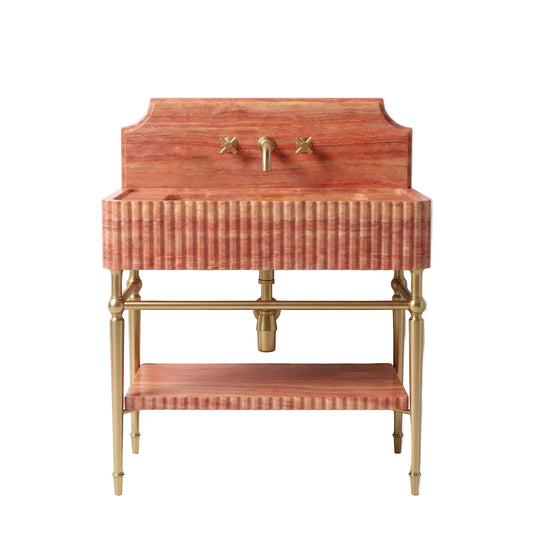 Memo 30 inch Red Travertine marble bathroom vanity with fluted sink, solid brass console legs and matching marble shelf