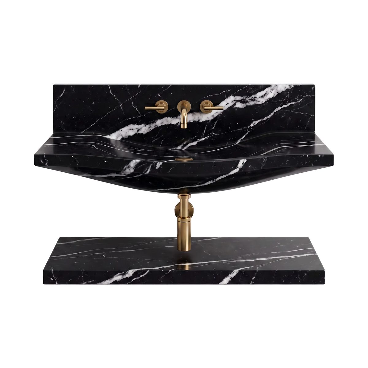 Merano 30 inch Nero Marquina wall mounted marble bathroom sink with matching floating marble shelf