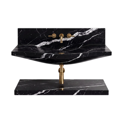 Merano 30 inch Nero Marquina wall mounted marble bathroom sink with matching floating marble shelf