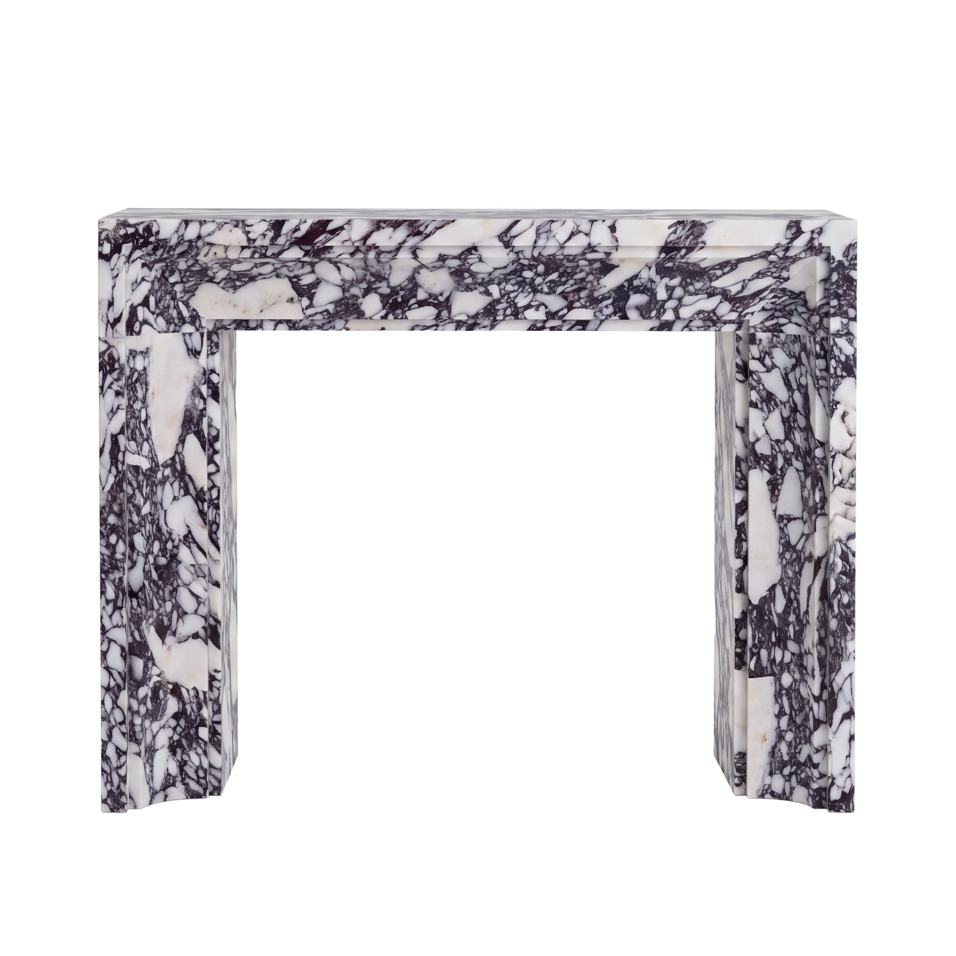 Custom Calacatta Viola marble fireplace mantel with dramatic purple veining, clean architectural lines, and a minimalist contemporary design.