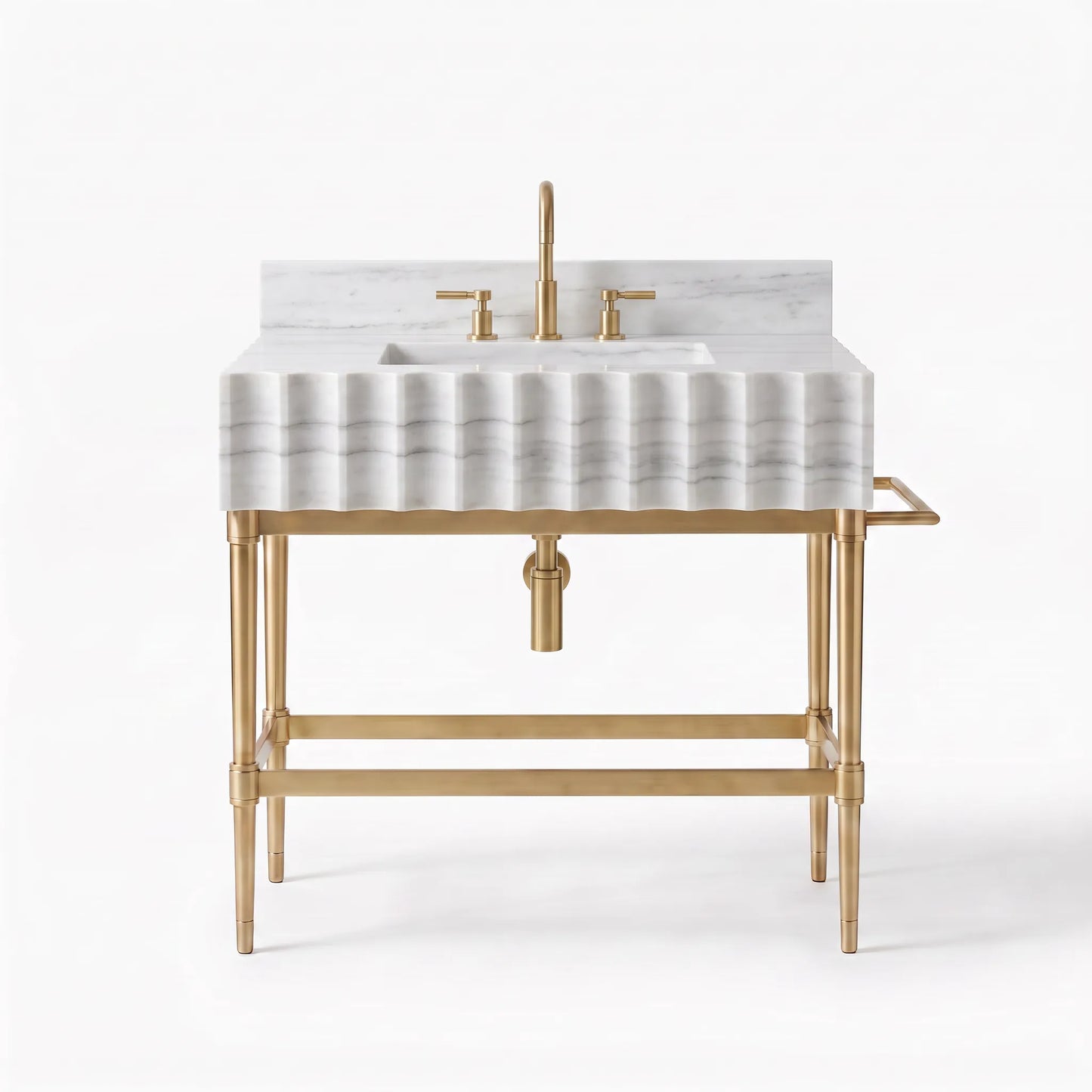 A modern freestanding bathroom vanity with a fluted white marble sink top and backsplash, a gold-tone faucet and trim, and a gold metal frame with legs and lower support rail, shown on a light gray studio background.
