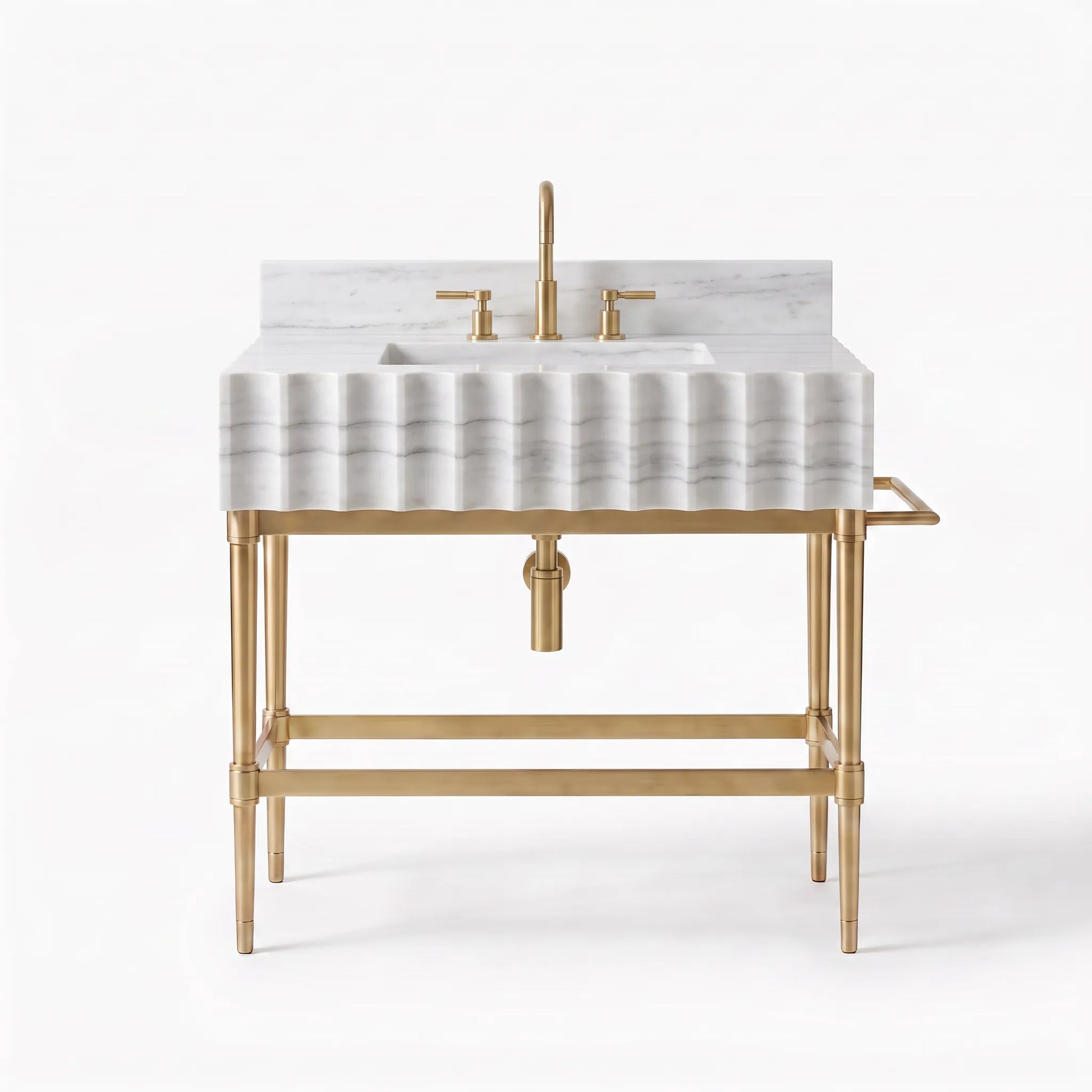 A modern freestanding bathroom vanity with a fluted white marble sink top and backsplash, a gold-tone faucet and trim, and a gold metal frame with legs and lower support rail, shown on a light gray studio background.
