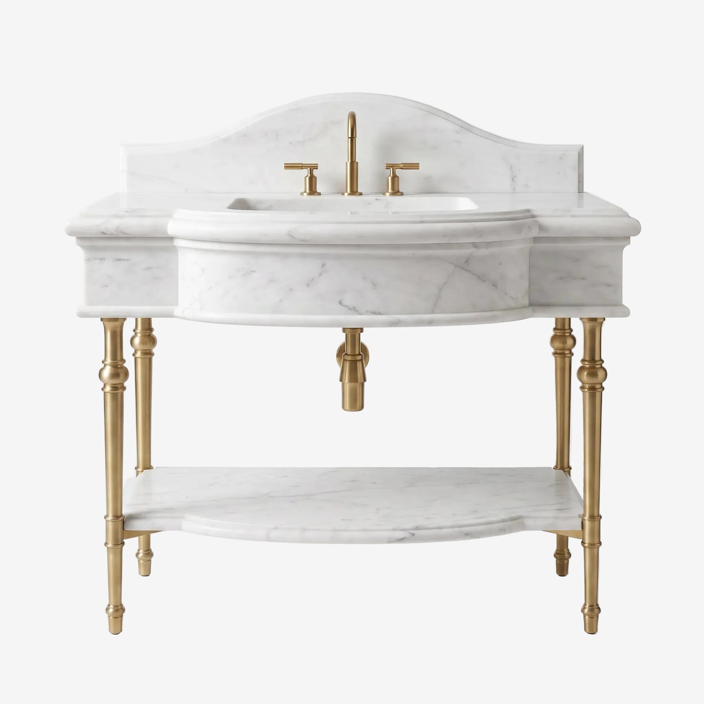 A freestanding bathroom vanity with a white marble basin and matching marble shelf, supported by ornate gold-tone legs and featuring a gold faucet and handles, shown on a light gray studio background.