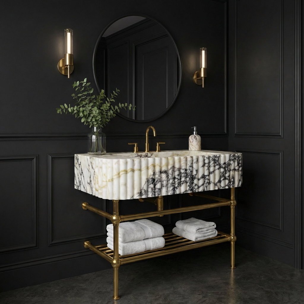 Calacatta Viola Fluted Marble Sink 24" With Brass Console Legs