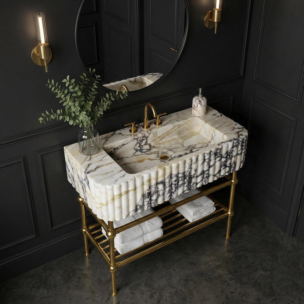 Calacatta Viola Fluted Marble Sink 24" With Brass Console Legs