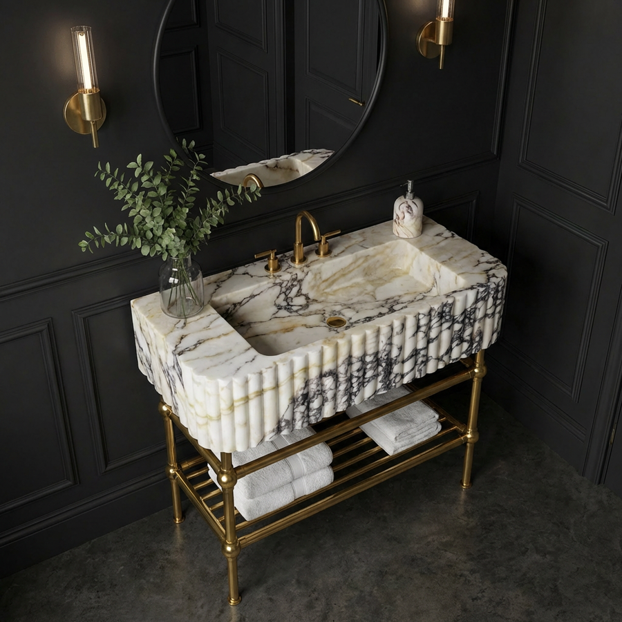 Calacatta Viola Fluted Marble Sink 24" Marble Sink With Brass Console Legs