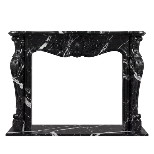 Custom Nero Marquina black marble fireplace mantel and surround with dramatic white veining, hand-carved shell centerpiece, floral motifs, acanthus leaves, and French Rococo details.