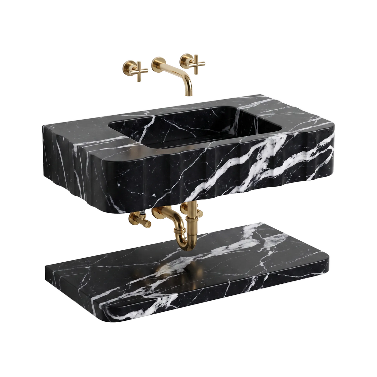 Monaco 30 inch Nero Marquina wall mounted marble bathroom sink with matching floating marble shelf