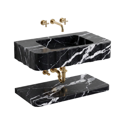 Monaco 30 inch Nero Marquina wall mounted marble bathroom sink with matching floating marble shelf