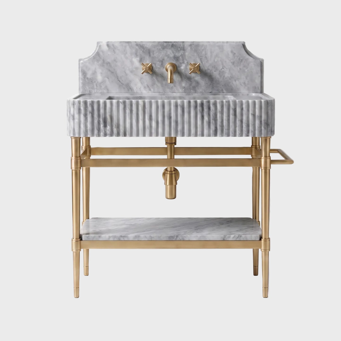 A freestanding bathroom vanity with a gray marble sink and backplate, a ribbed marble basin, and a gold-tone metal frame and faucet hardware, shown against a plain light background.