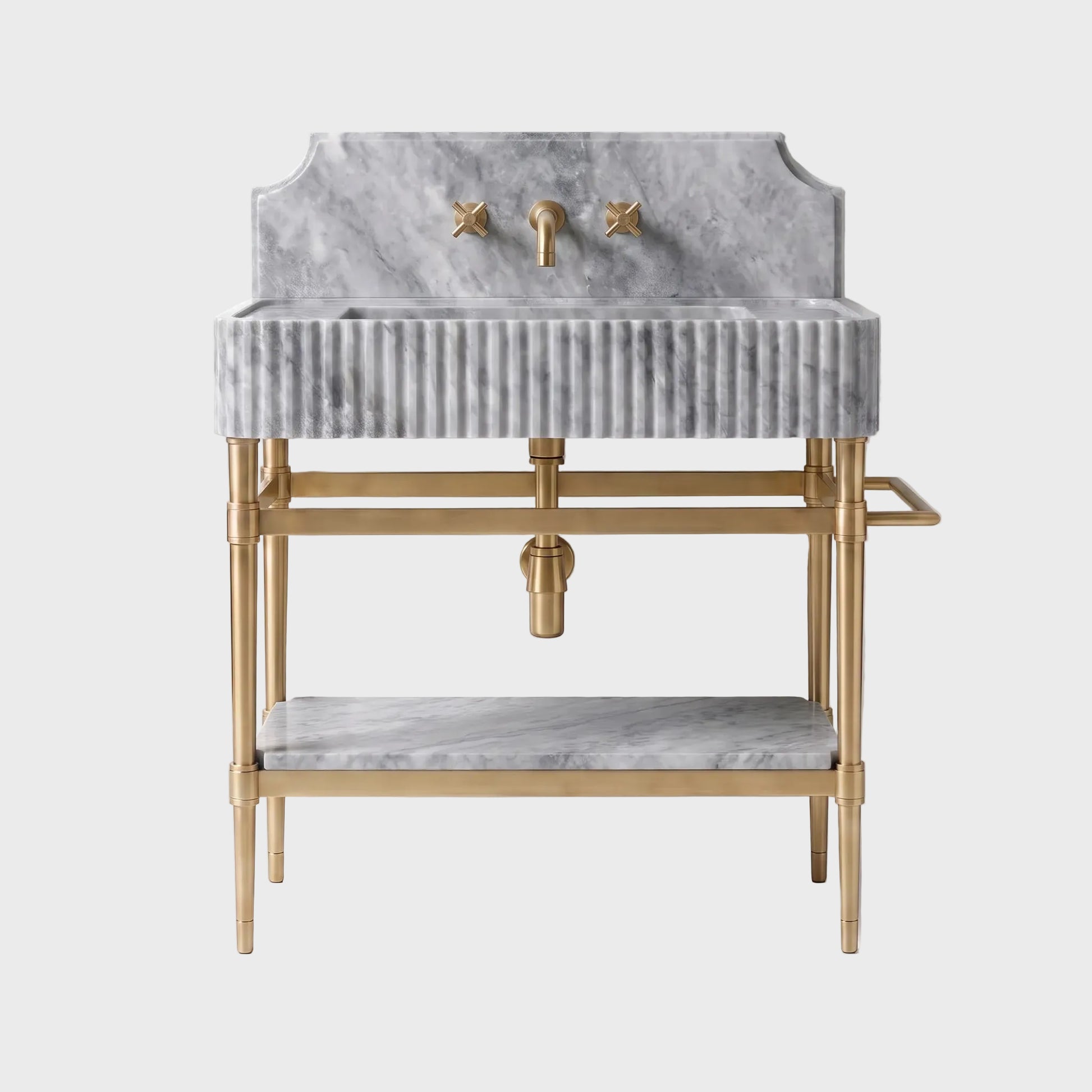 A freestanding bathroom vanity with a gray marble sink and backplate, a ribbed marble basin, and a gold-tone metal frame and faucet hardware, shown against a plain light background.