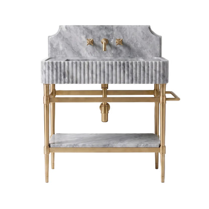 Monarch 30 inch Gray marble bathroom vanity with fluted sink, backsplash and solid brass console legs