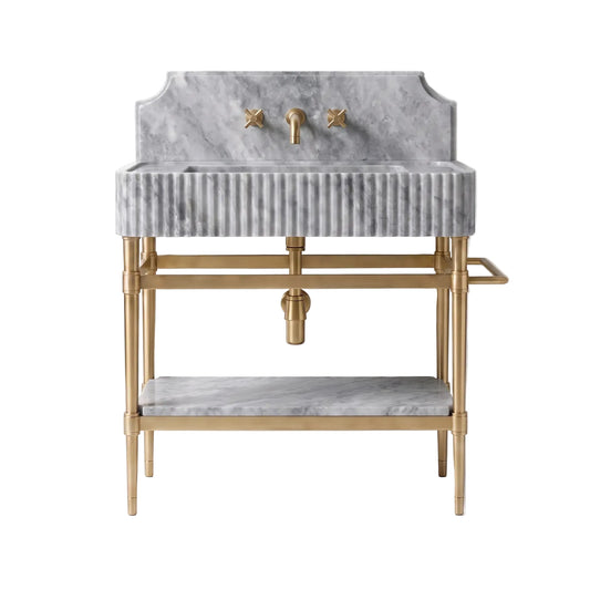 Monarch 30 inch Gray marble bathroom vanity with fluted sink, backsplash and solid brass console legs