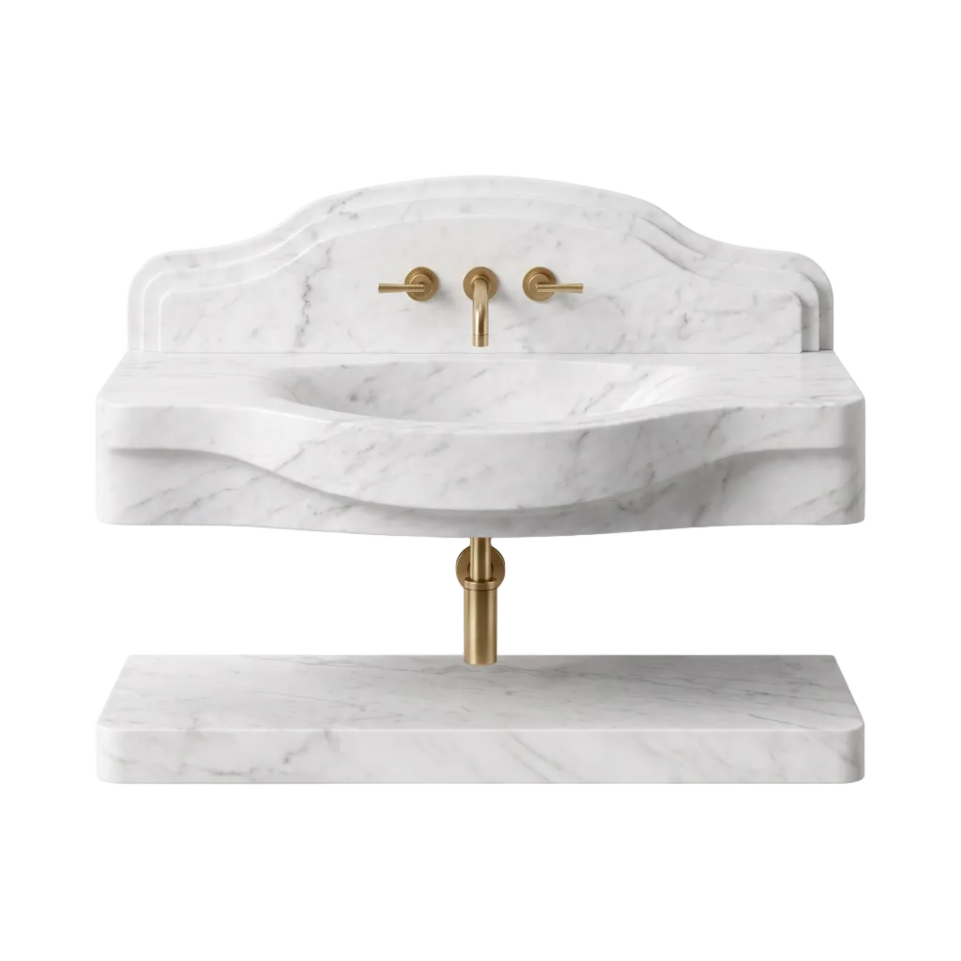 Montana 30 inch Carrara White wall mounted marble bathroom sink with backsplash and floating marble shelf