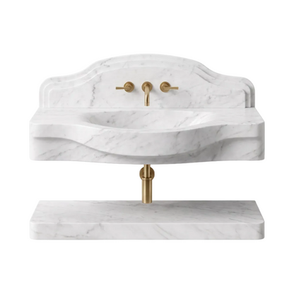 Montana 30 inch Carrara White wall mounted marble bathroom sink with backsplash and floating marble shelf