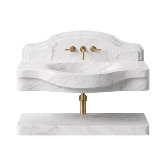 Montana 30 inch Carrara White wall mounted marble bathroom sink with backsplash and floating marble shelf