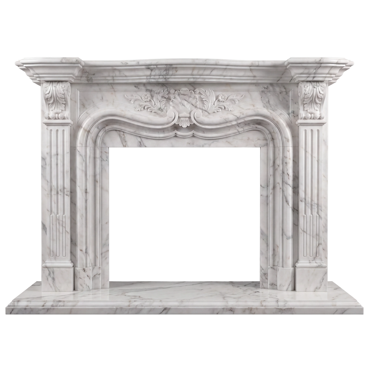 Custom Carrara White marble fireplace mantel and surround with carved shell centerpiece, floral motifs, acanthus details, fluted columns, and an elegant curved opening.