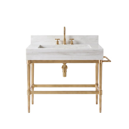 Montevia 30 inch Carrara White marble bathroom vanity sink with backsplash and solid brass console legs