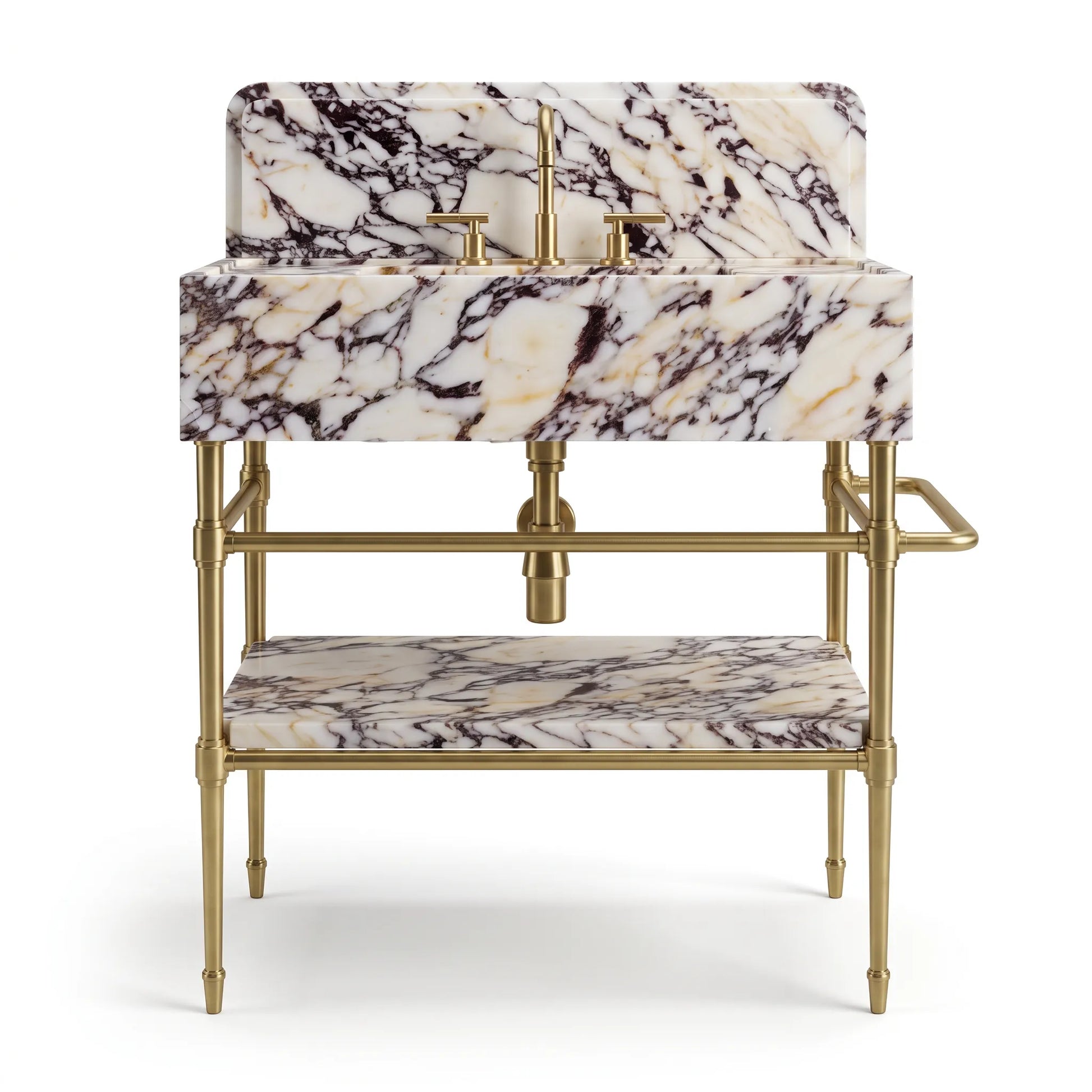 A double-sink bathroom vanity featuring a white marble top and shelf with dramatic black and gold veining, supported by a polished brass-finished metal frame with a matching towel bar.