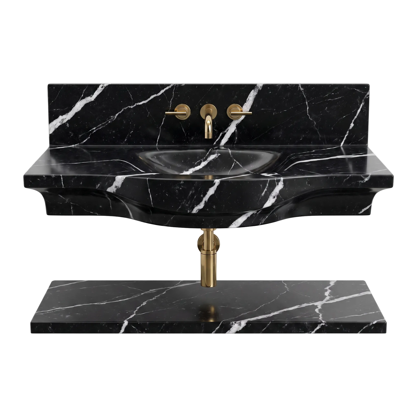 Monza 30 inch Nero Marquina wall mounted marble bathroom sink with matching floating marble shelf
